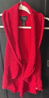 Pure Handknit Red 100% Cotton Cable Knit Open Front Vest Sweater S/M